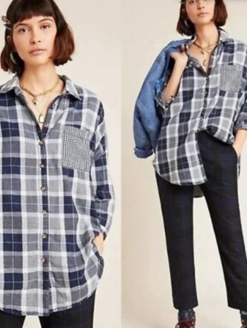363-Pilcro‎ Anthropologie Navy and White Plaid Button-Down Shirt